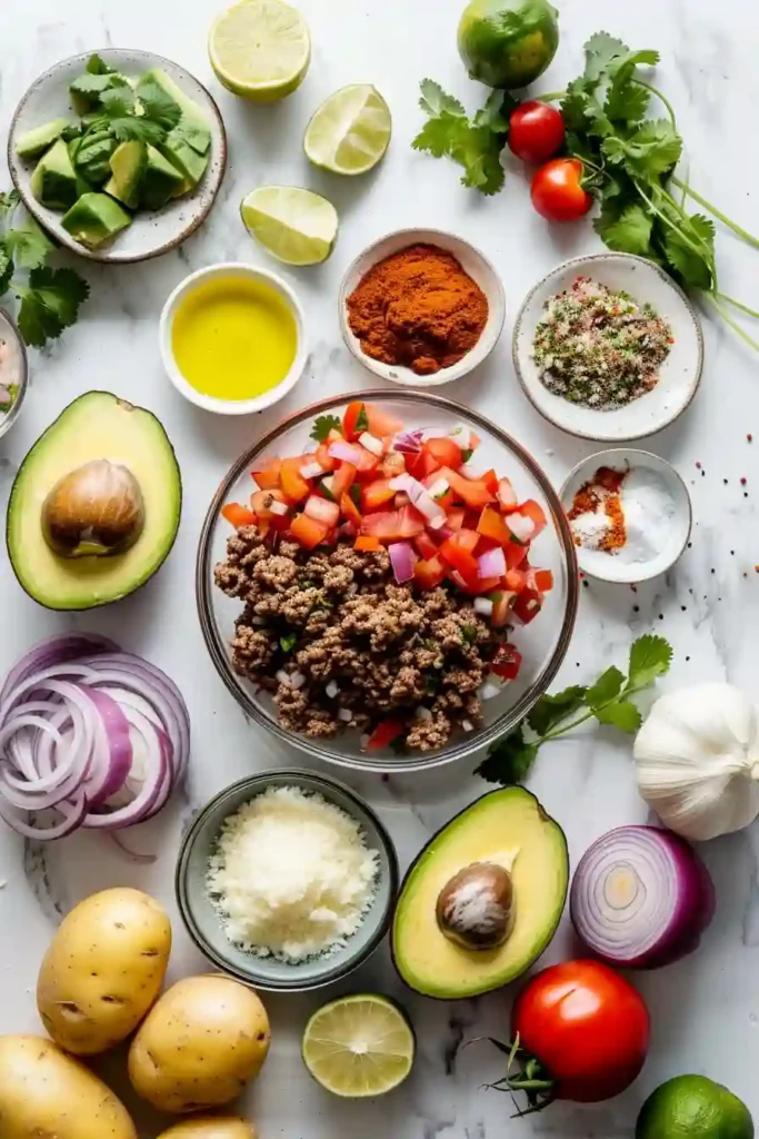 Homemade loaded potato taco bowl with beef, roasted potatoes, and fresh toppings ready to serve.