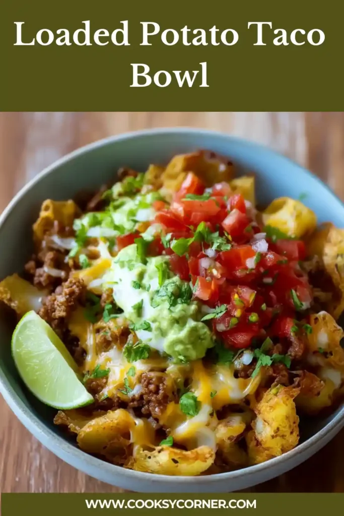 A close-up of a loaded potato taco bowl showing golden potatoes, taco beef, salsa, and creamy avocado.
