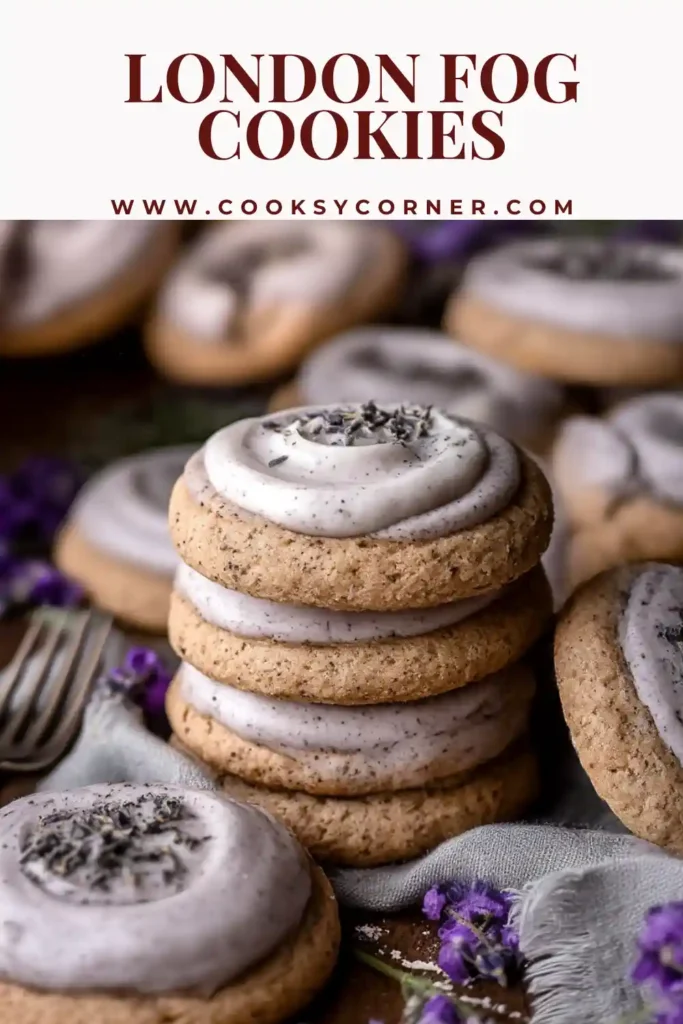 London Fog cookies topped with lavender cream cheese frosting and rolled in lavender sugar.