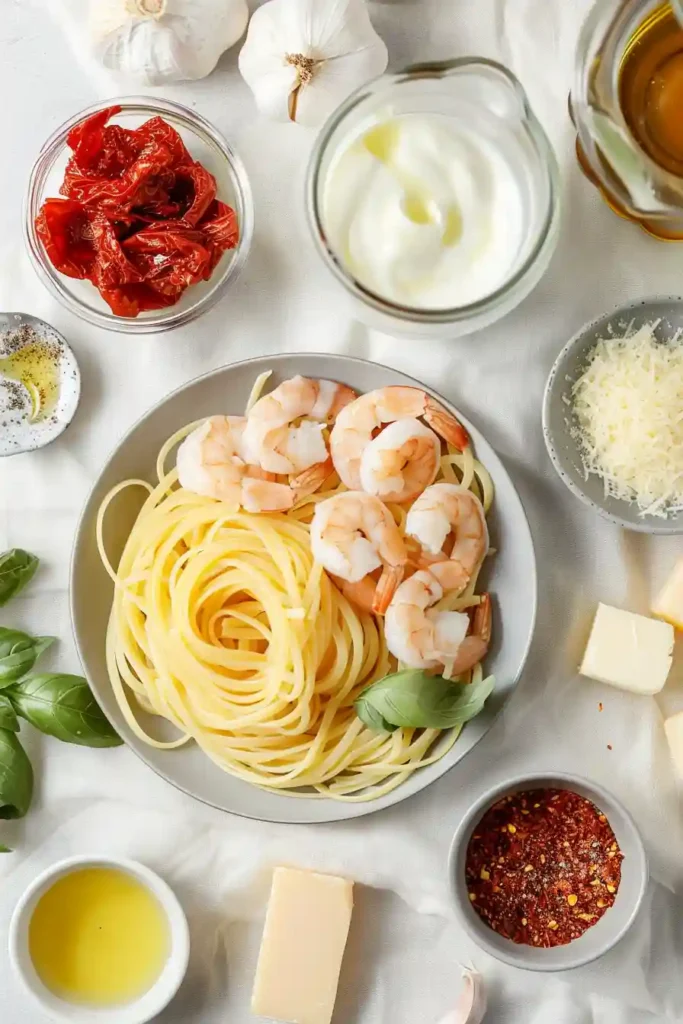 Romantic shrimp pasta dinner with creamy sauce and al dente noodles.