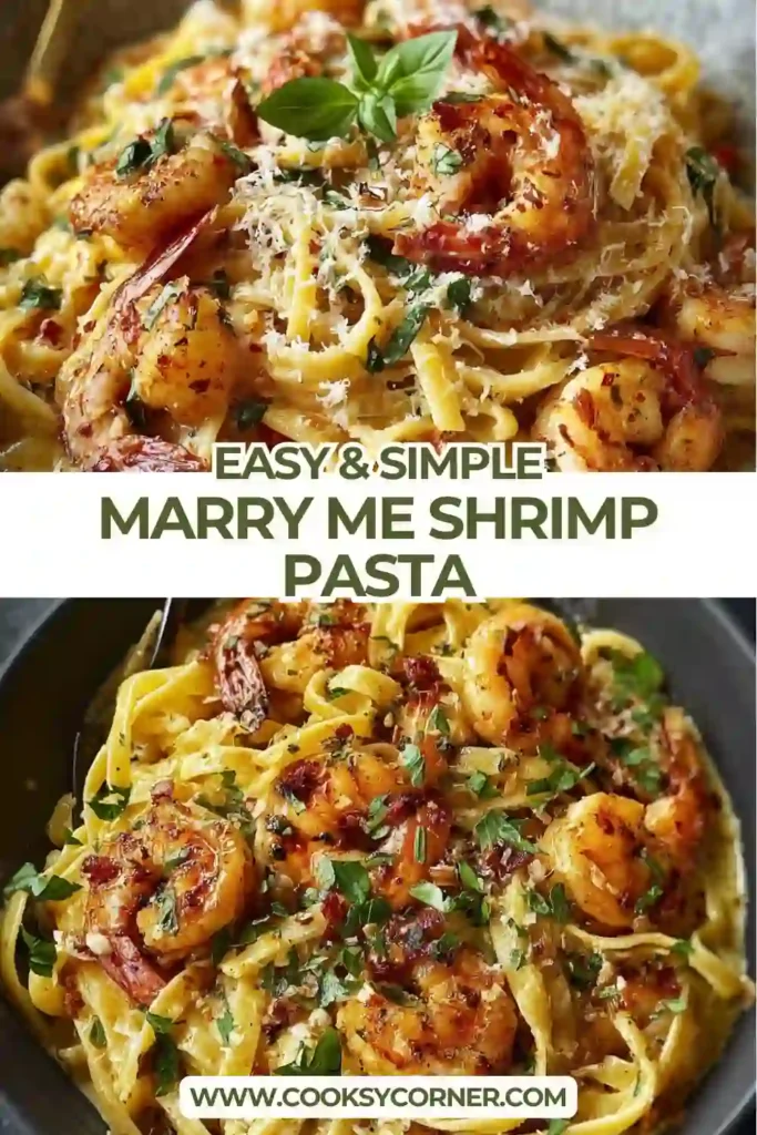 Close-up of creamy shrimp pasta with garlic, basil, and rich sun-dried tomato sauce.