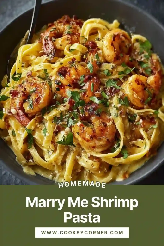 Marry Me Shrimp Pasta with creamy Parmesan sauce, sun-dried tomatoes, and tender shrimp tossed with linguine.