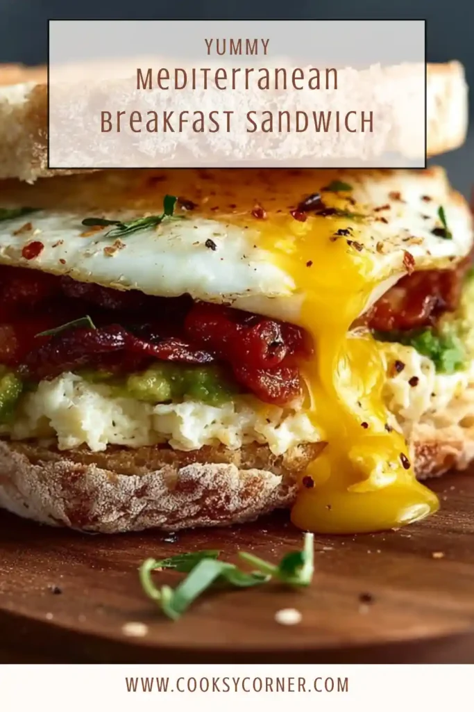 Healthy Mediterranean breakfast sandwich served on sourdough toast.