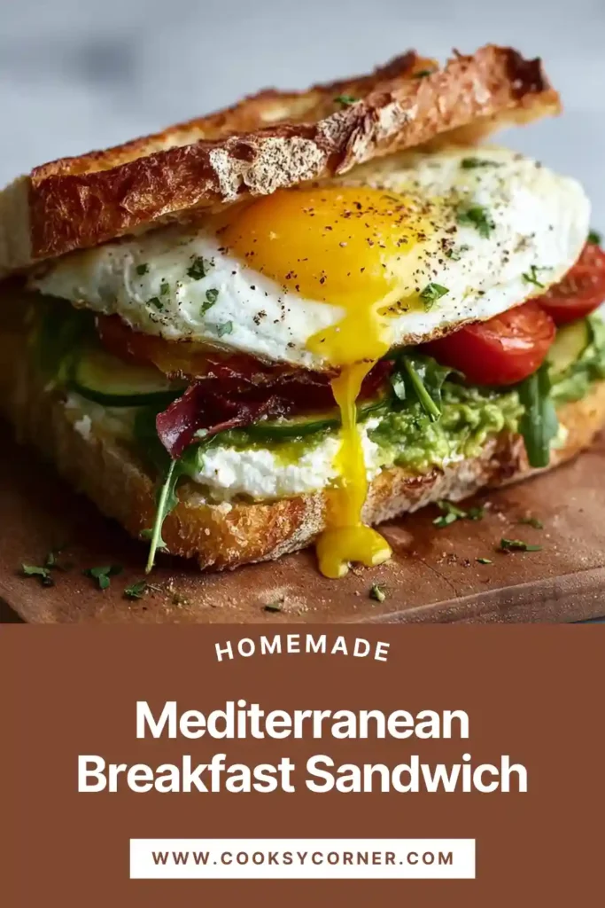 Mediterranean Breakfast Sandwich with egg, avocado, feta cheese, spinach, and tomato on a toasted ciabatta roll.