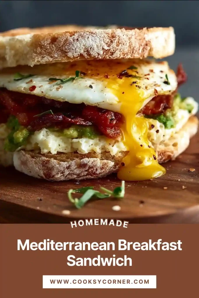 Mediterranean breakfast sandwich with avocado, eggs, and sun-dried tomatoes on toasted bread.