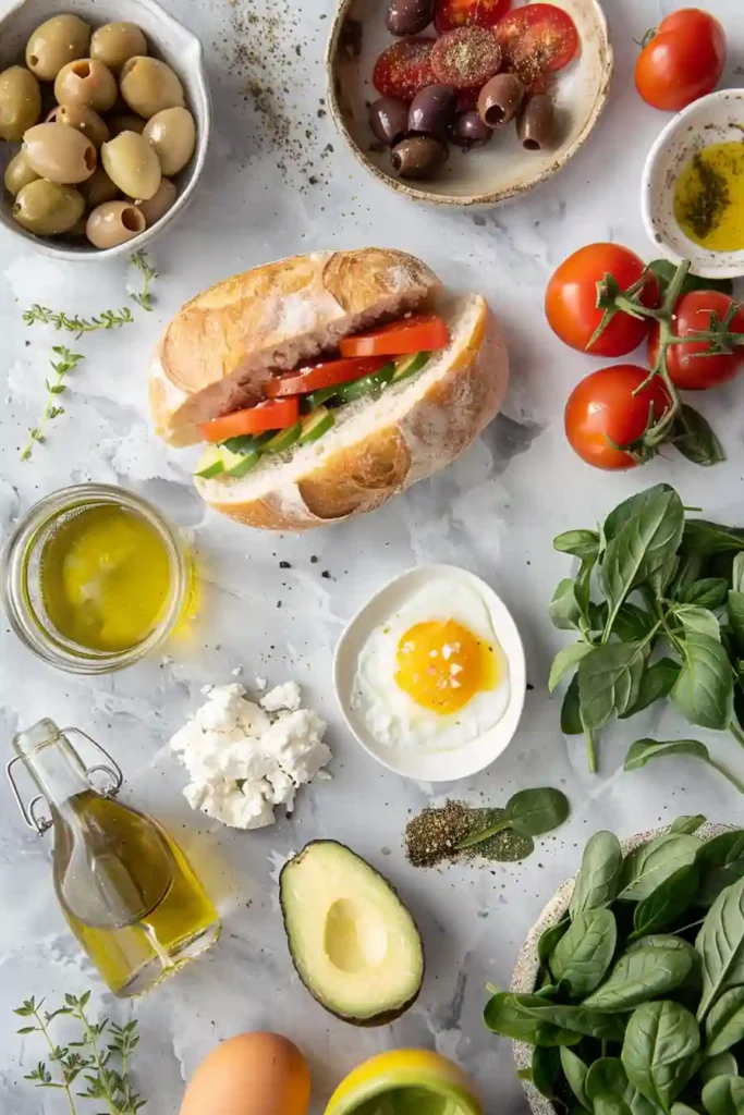 Healthy breakfast sandwich with egg, avocado, feta, and spinach on ciabatta bread.