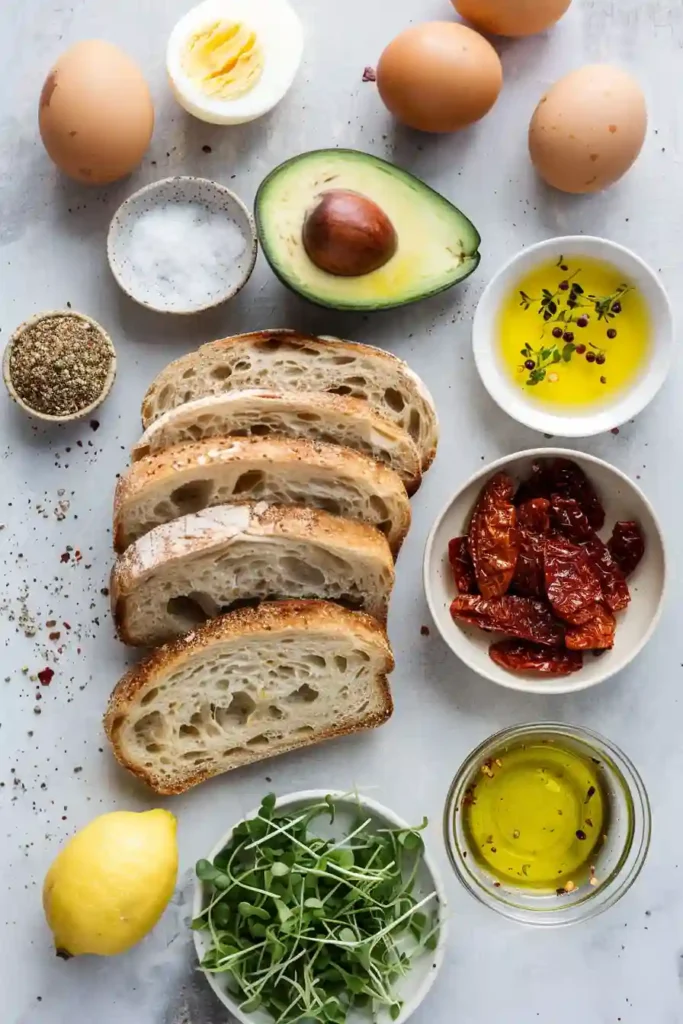Close-up of avocado and egg sandwich with sun-dried tomatoes.