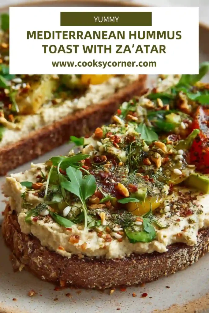 Healthy Mediterranean hummus toast served on a plate with fresh herbs and olive oil.