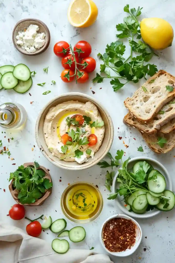 Vegetarian hummus toast with colorful vegetables and za’atar spice blend.