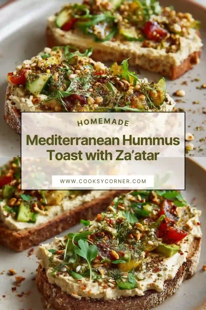 Mediterranean hummus toast topped with fresh vegetables, feta cheese, and za’atar on whole grain bread.