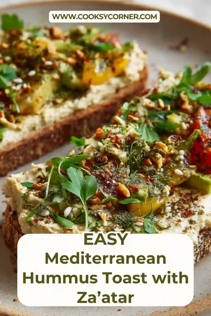 Close-up of hummus toast with tomatoes, cucumber, greens, and za’atar seasoning.