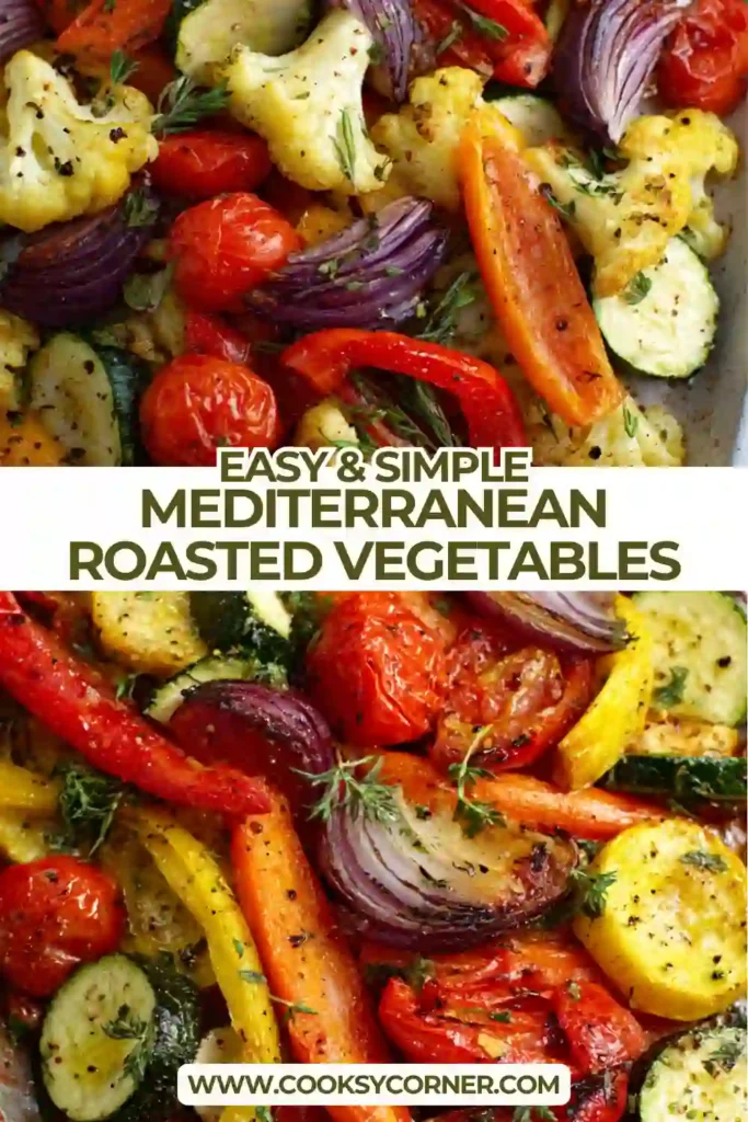 Mediterranean roasted vegetables served on a baking tray with herbs and lemon. These oven roasted vegetables are colorful, healthy, and full of Mediterranean flavor.