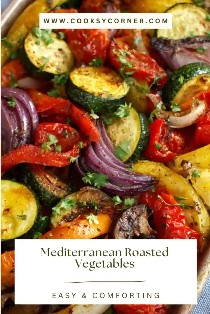 Mediterranean roasted vegetables garnished with fresh herbs and lemon slices. This healthy vegetable side dish is perfect for weeknight dinners.