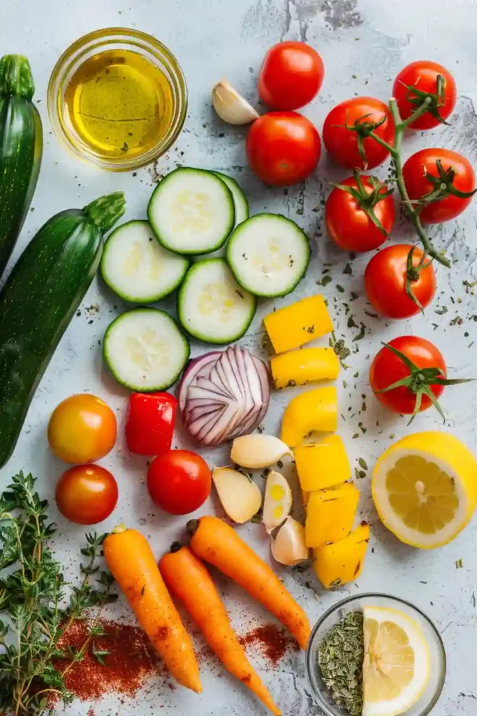 Oven roasted Mediterranean vegetables arranged in a single layer with olive oil and spices. The vegetables are tender and golden.