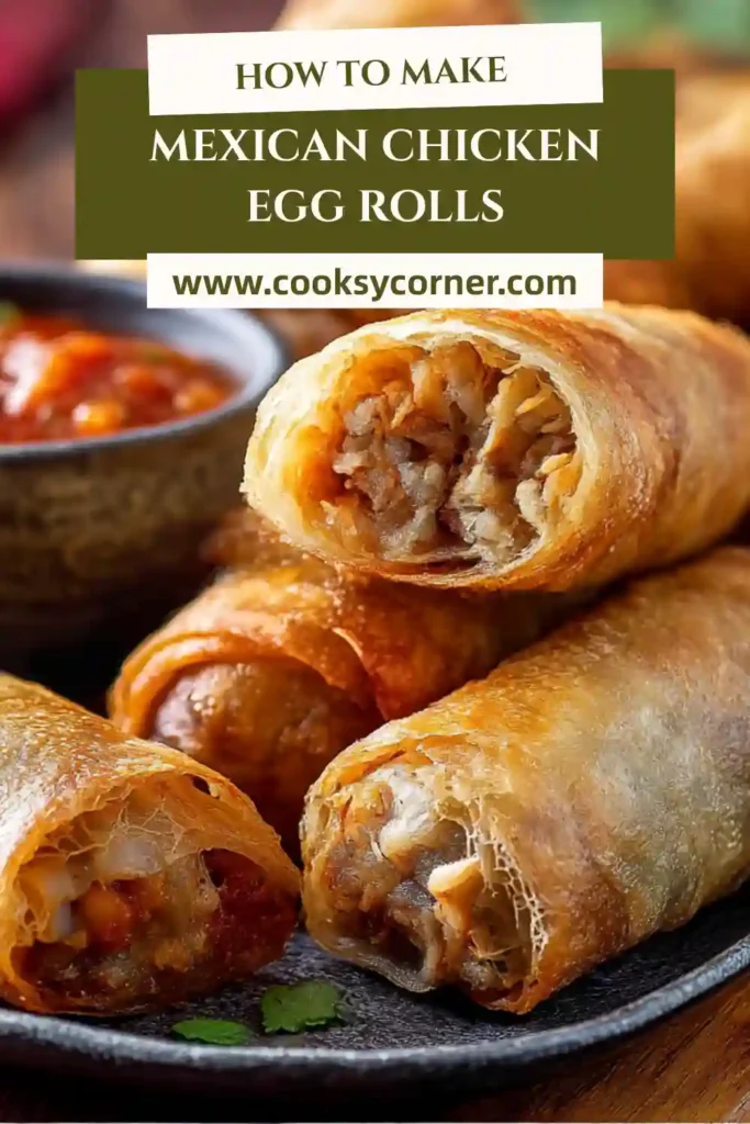 Baked Mexican Chicken Egg Rolls arranged on a tray with fresh herbs and dipping sauce.