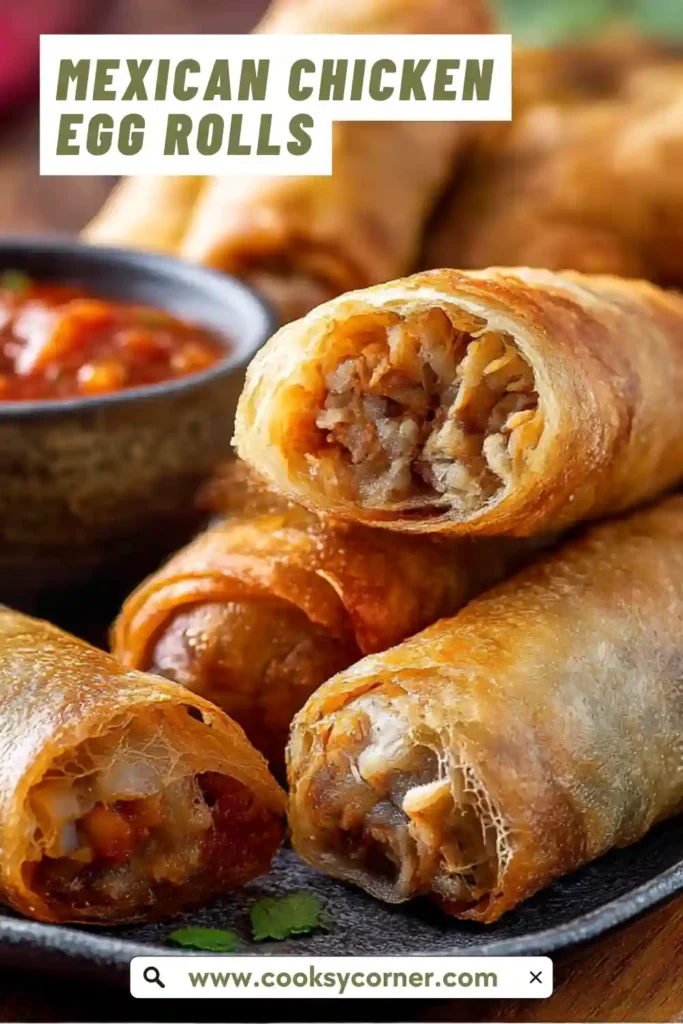 Step-by-step preparation of Mexican Chicken Egg Rolls showing filling, rolling, and baking process.