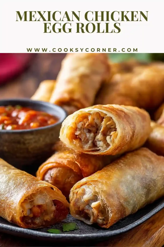 Crispy Mexican Chicken Egg Rolls filled with seasoned chicken, corn, and peppers, baked until golden and served with salsa.