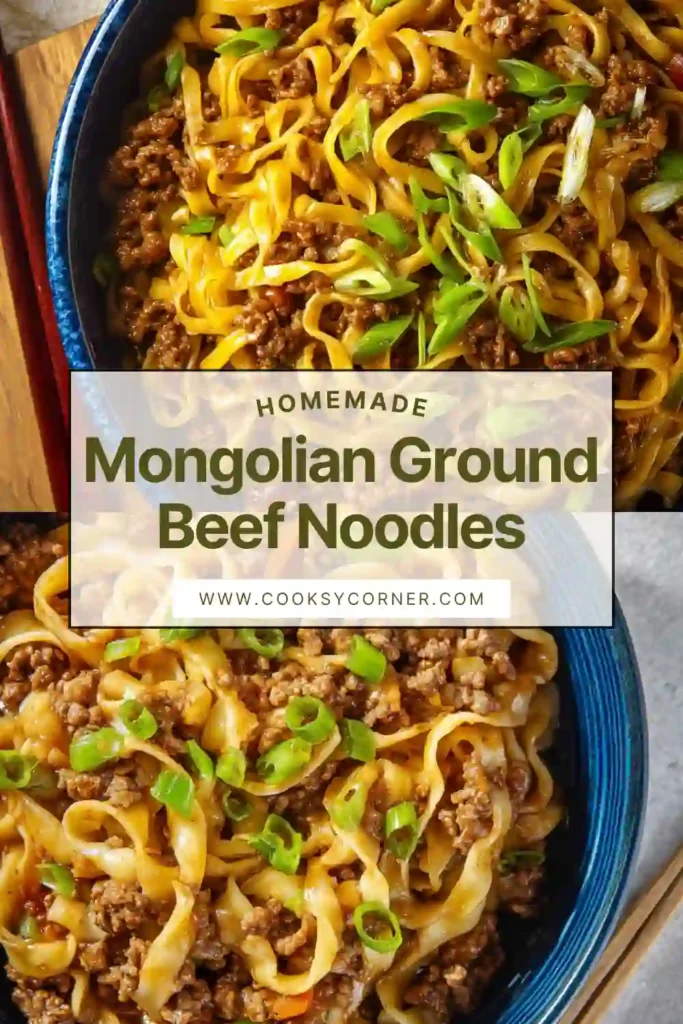 Mongolian Ground Beef Noodles garnished with sliced green onions and rich sauce. A comforting Asian-inspired dinner idea.