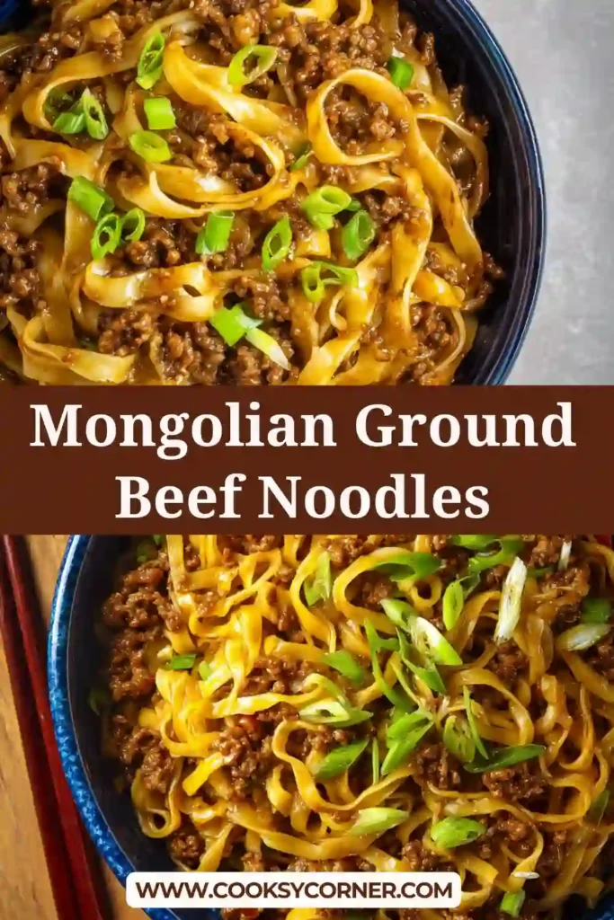 Mongolian Ground Beef Noodles served in a bowl with green onions and glossy soy-based sauce. This quick noodle dish is perfect for weeknight dinners.