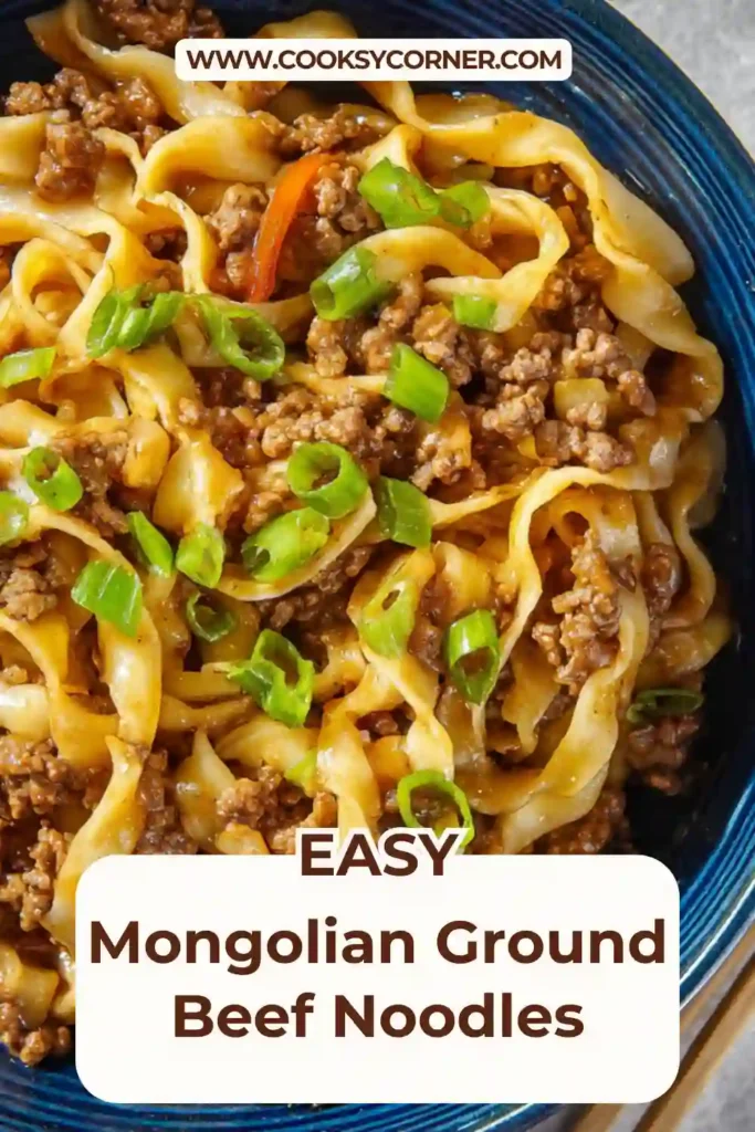 Close-up of Mongolian Ground Beef Noodles with tender linguine coated in sweet and savory sauce. A fast and easy beef noodle recipe.