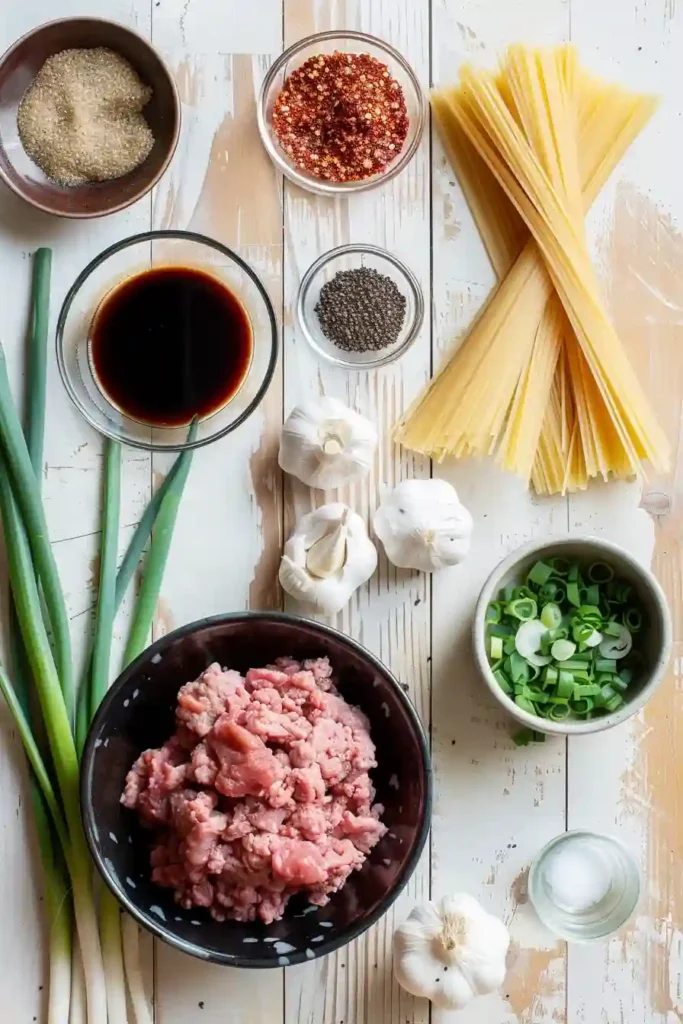 Bowl of Mongolian Ground Beef Noodles made with ground beef, soy sauce, and garlic. Simple and satisfying homemade meal.