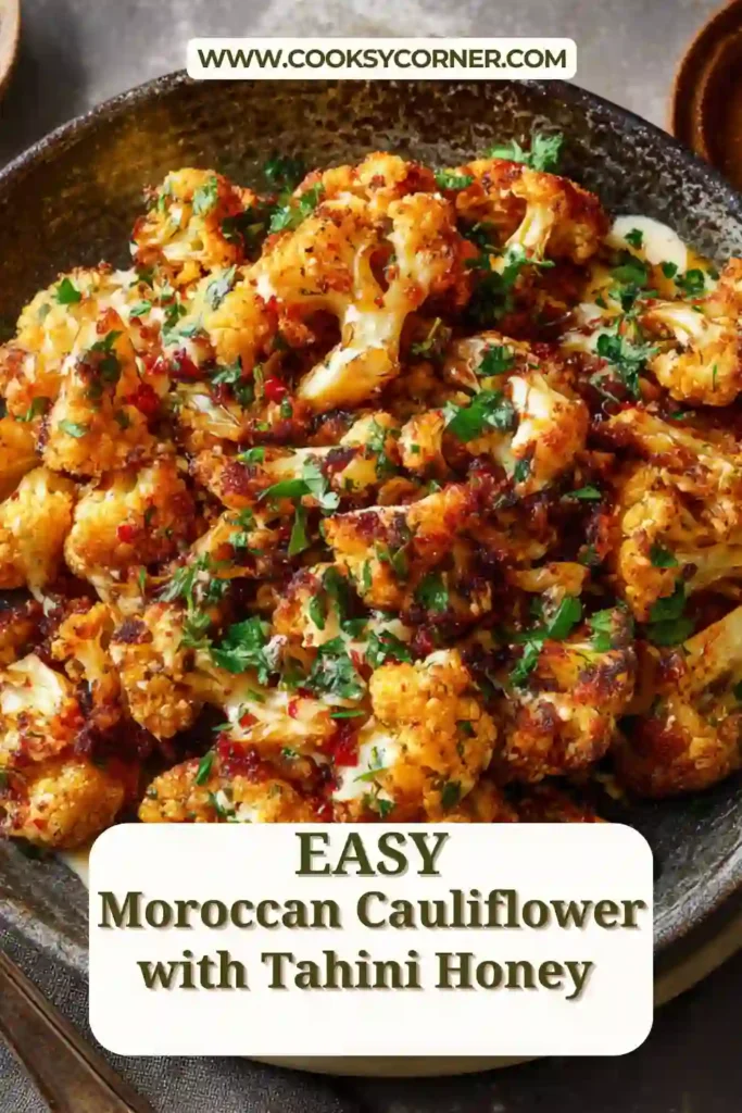 Moroccan cauliflower served on a platter with tahini-honey drizzle and lemon. A vibrant, healthy roasted vegetable dish.