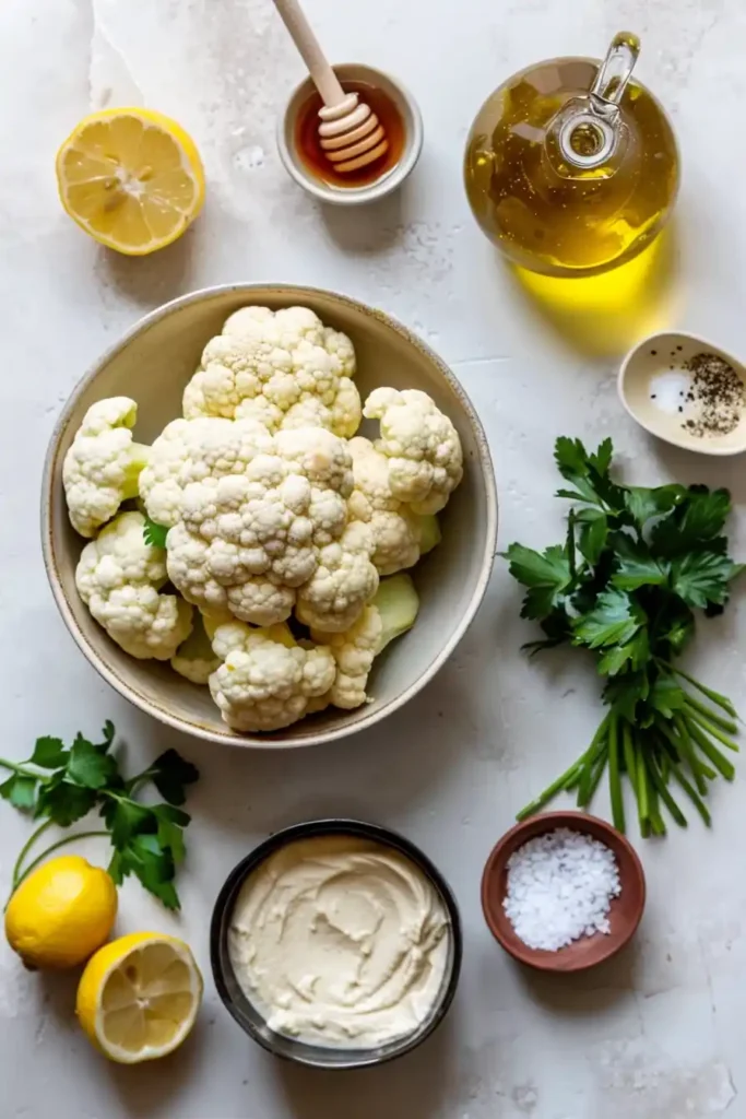Close-up of Moroccan cauliflower with tahini-honey highlighting texture and caramelization. The sauce appears smooth and glossy.