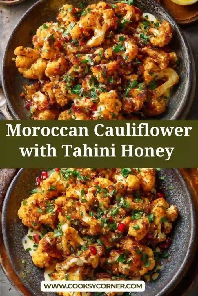 Moroccan cauliflower with tahini-honey roasted until golden and drizzled with creamy sauce. The dish shows caramelized edges and fresh parsley.