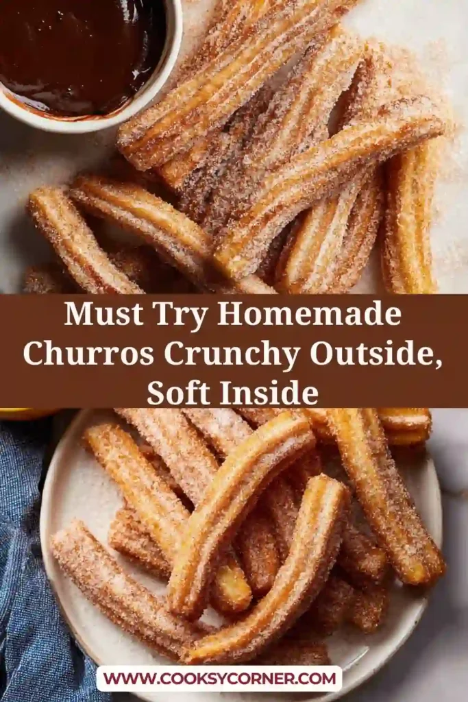 Freshly fried homemade churros with golden texture and cinnamon sugar coating beside chocolate sauce.