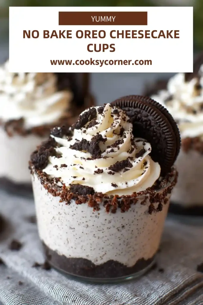 Individual no bake cheesecake cups layered with crushed OREO cookies.