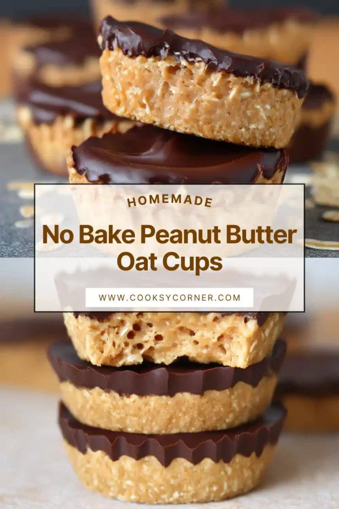 Close-up of thick no bake peanut butter oat cups with smooth chocolate layer.
