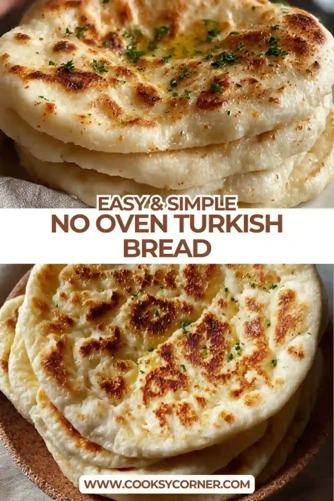 Turkish bazlama flatbread cooking in a thick pan. Puffy texture and golden spots visible.