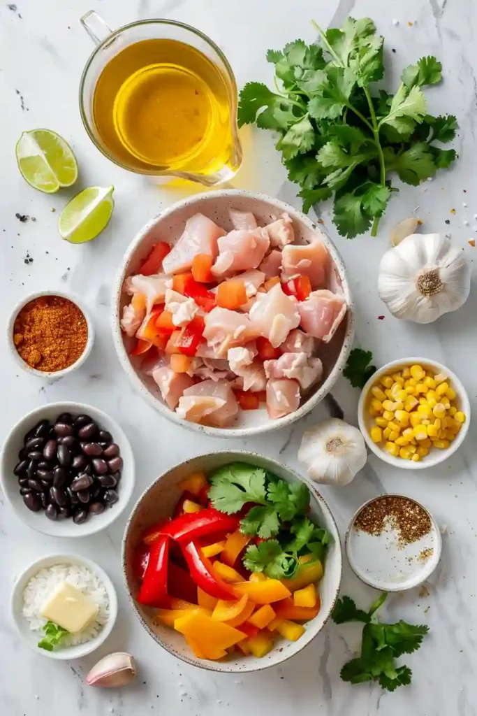Close-up of chicken fajita rice with black beans and corn.