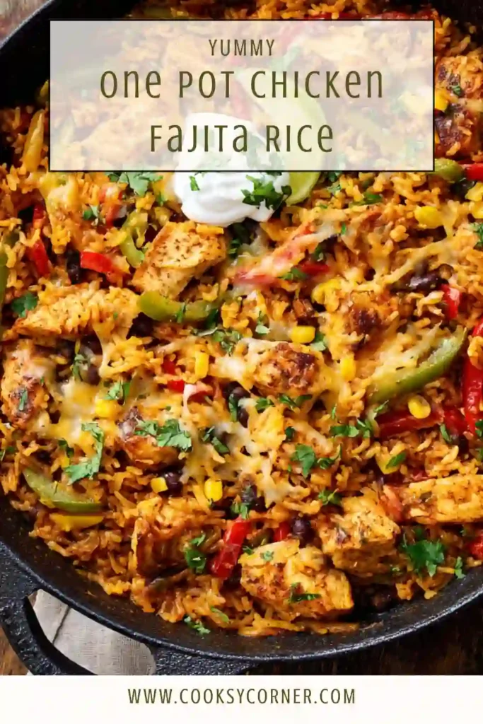 One-pot chicken fajita rice with peppers, beans, and melted cheese.