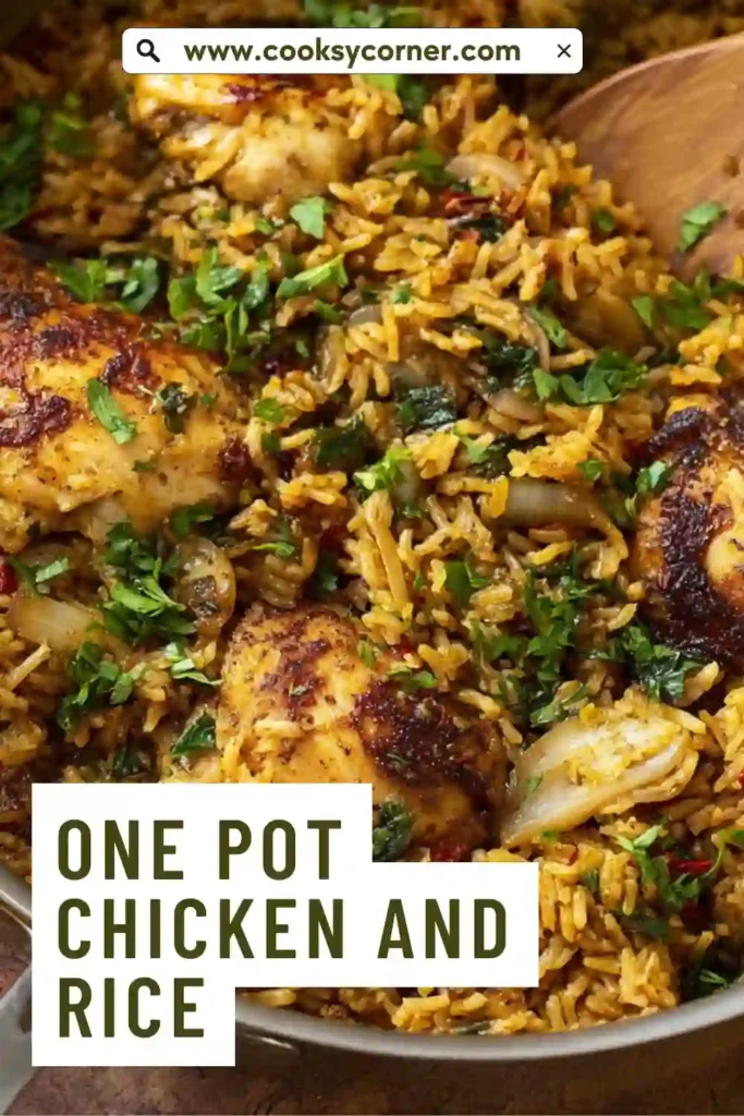 One pan chicken and rice garnished with parsley.