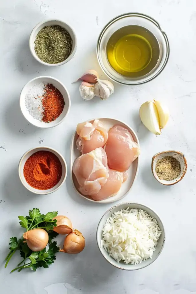 Chicken thighs simmered with rice in a single pot.