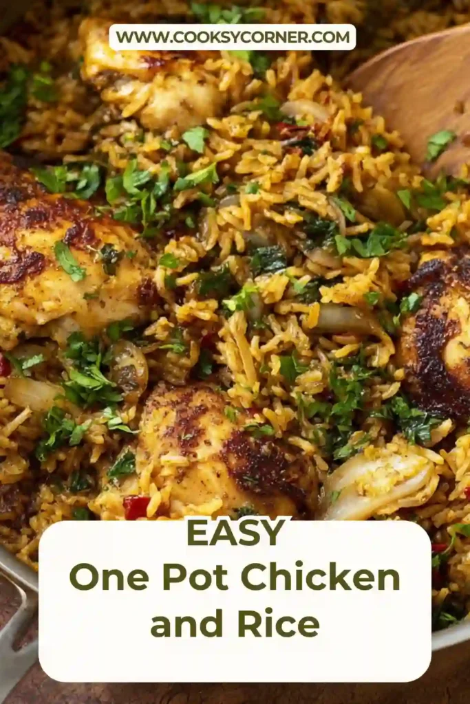 One pot chicken and rice cooked in a skillet with seasoned chicken thighs.