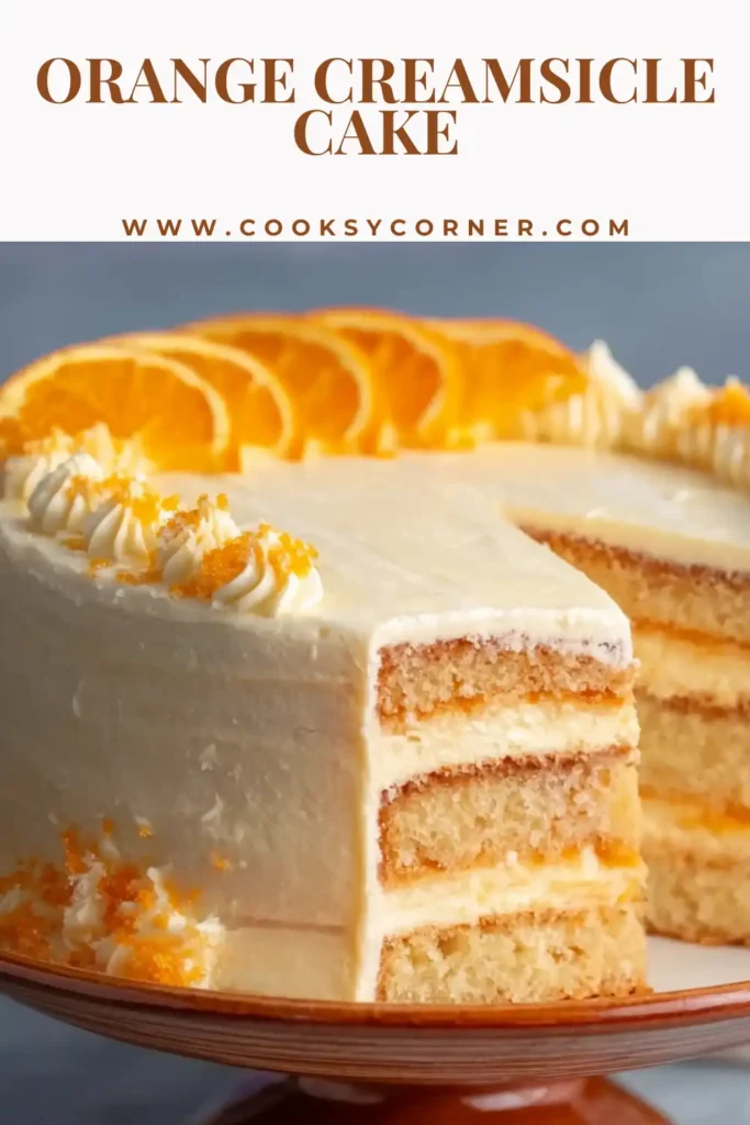 Homemade orange creamsicle cake with fluffy frosting and vibrant orange color, highlighting the smooth texture and layered interior.