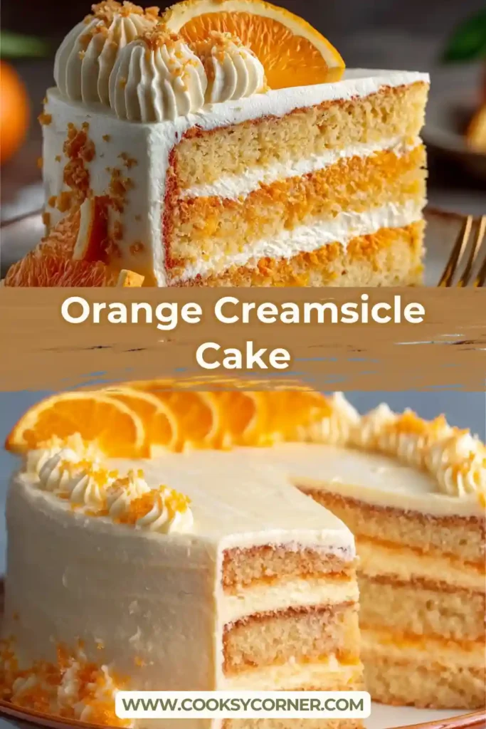 Close-up of an orange creamsicle cake slice featuring tender crumb and creamy orange buttercream frosting.