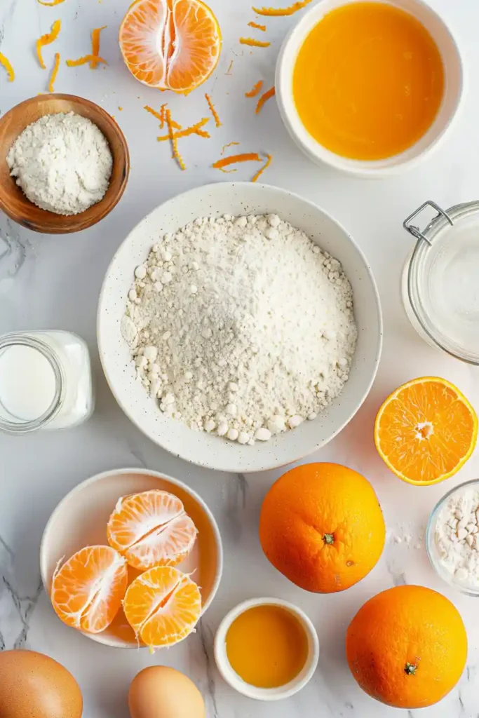 Breakfast pancakes served with orange slices and syrup.