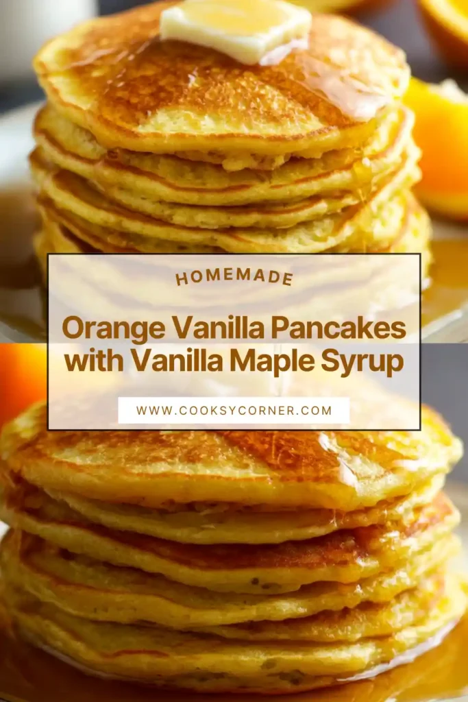 Fluffy orange vanilla pancakes topped with warm vanilla maple syrup.