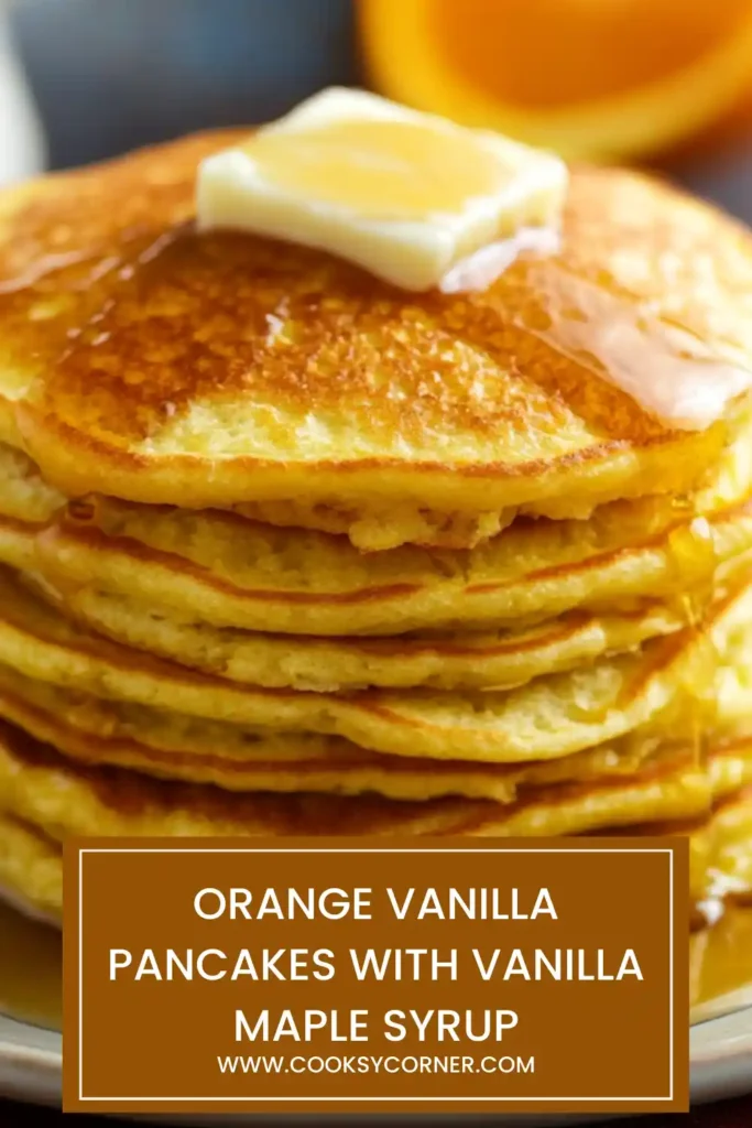 Orange Vanilla Pancakes with Vanilla Maple Syrup stacked and drizzled with syrup on a breakfast plate.