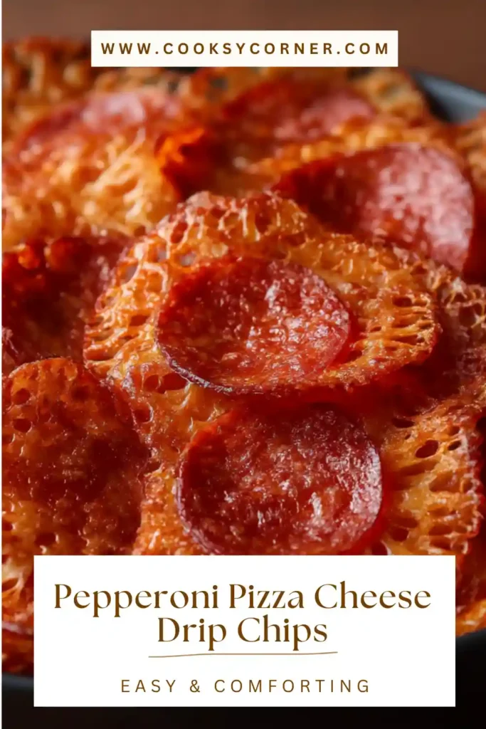 Pepperoni pizza cheese drip chips baked until golden and crispy.
