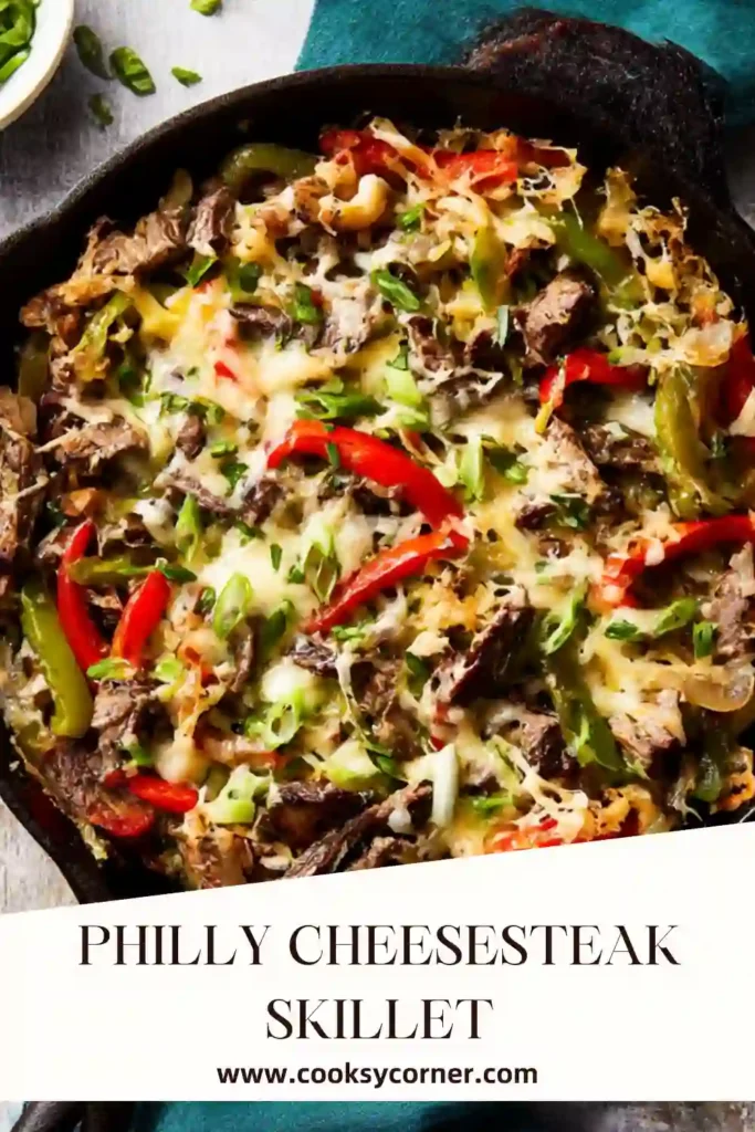 Beef cheesesteak skillet served hot from the pan.