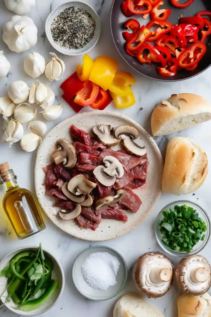 Skillet cheesesteak with mushrooms and bell peppers.