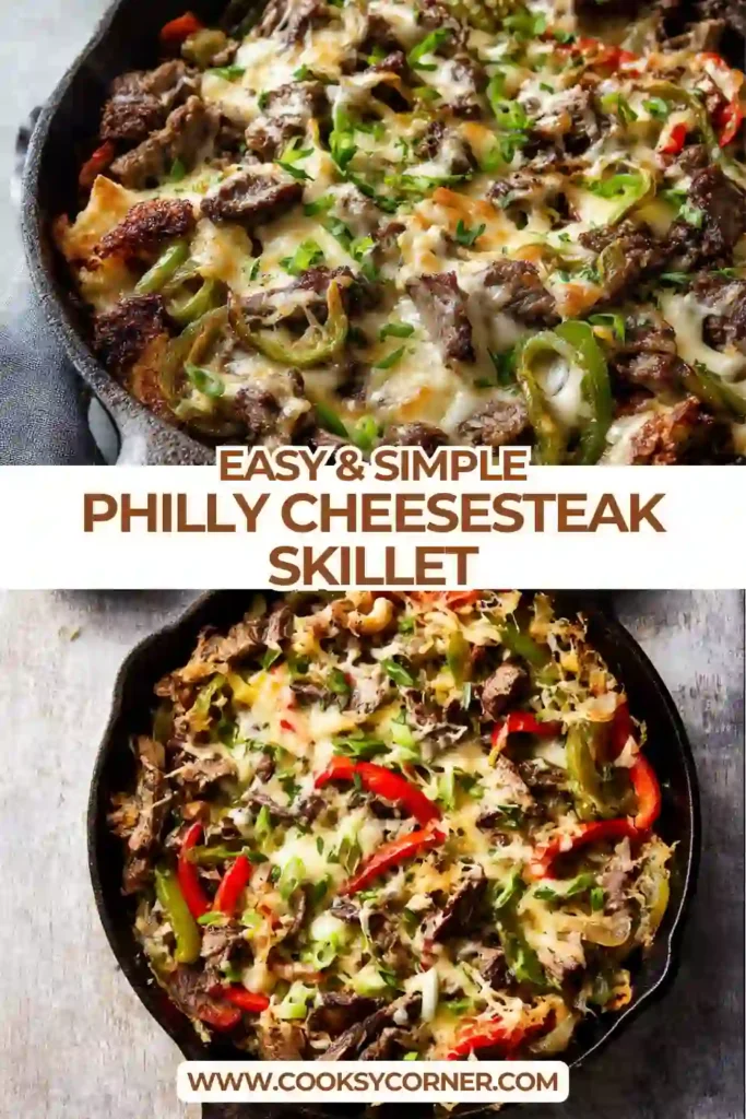 One-pan cheesesteak skillet topped with mozzarella and parmesan.