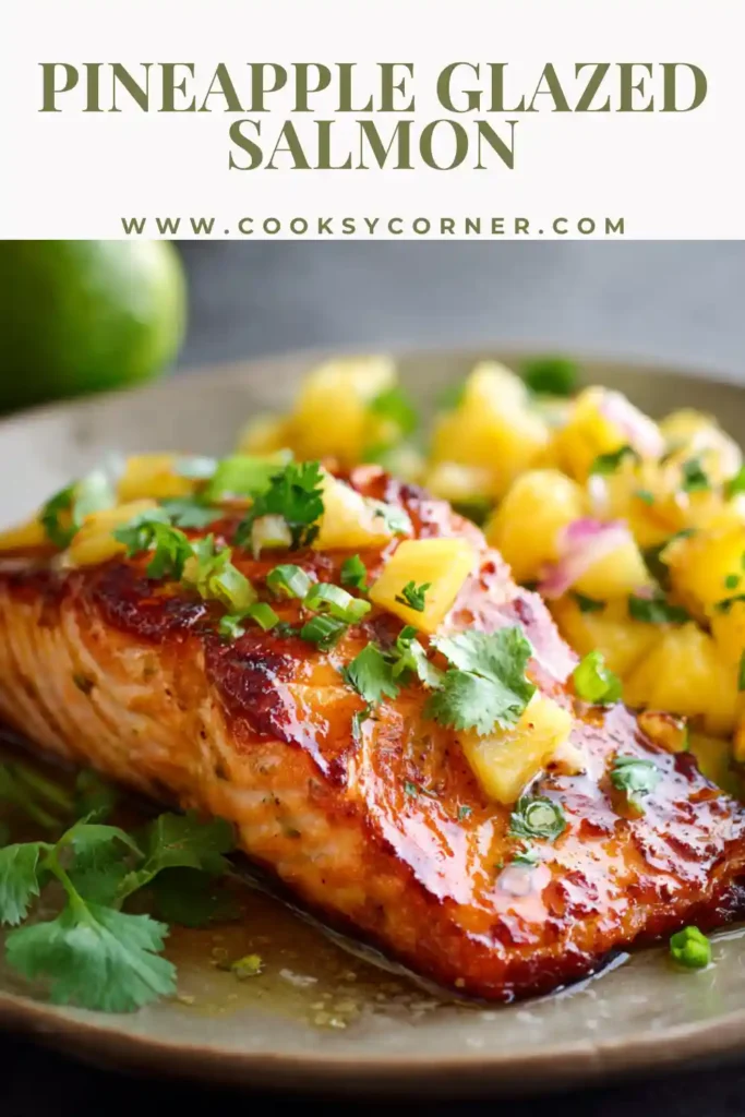 Close-up of flaky salmon brushed with pineapple glaze.
