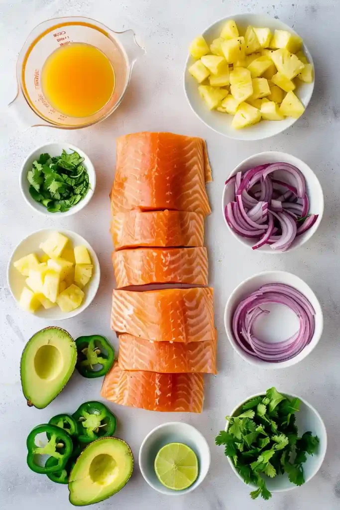 Salmon fillet topped with tropical pineapple salsa.