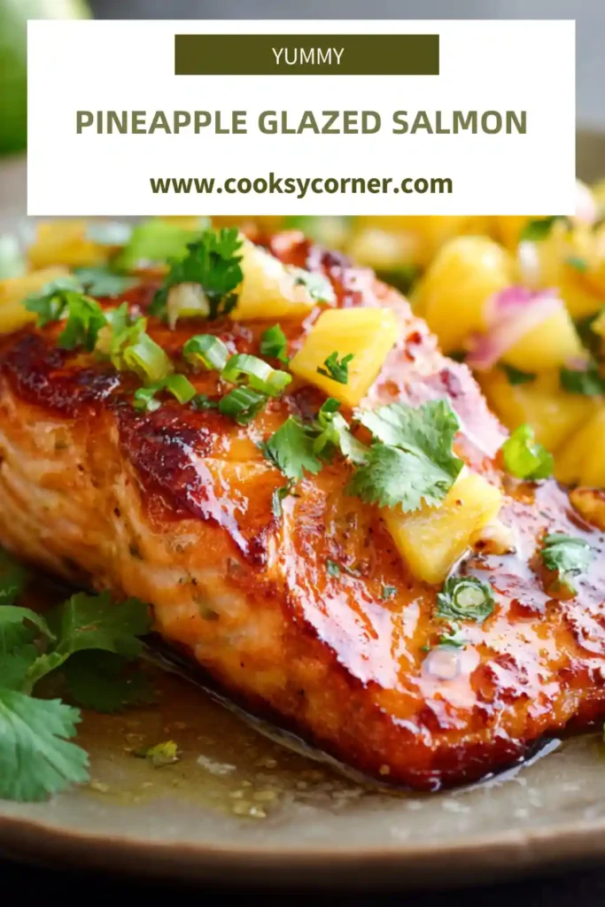 Pineapple Glazed Salmon topped with pineapple avocado salsa on a plate.