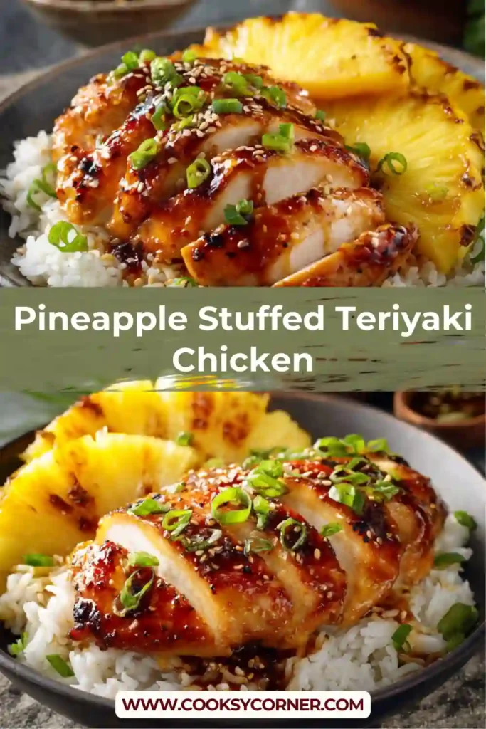 Stuffed chicken breasts filled with pineapple and glazed with teriyaki sauce, served hot.